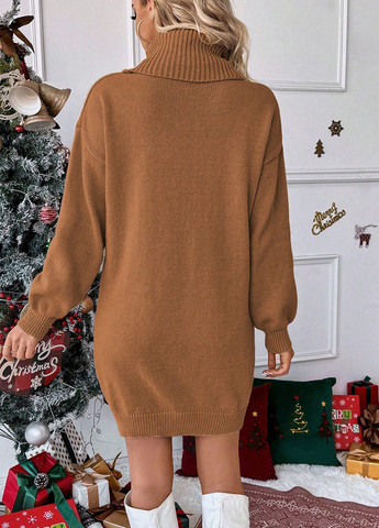 Коричнева кежуал сукня сукня светр SHEIN з новорічним принтом