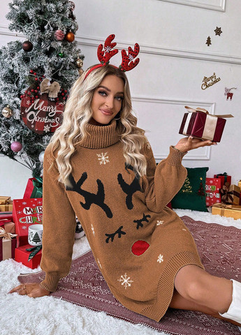 Коричнева кежуал сукня сукня светр SHEIN з новорічним принтом