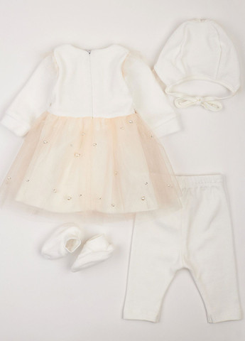 Молочний демісезонний комплект для хрещення (сукня,штани, шапка,пінетки) Ляля