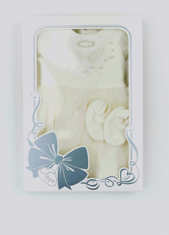 Молочний демісезонний комплект для хрещення (сукня,штани, шапка,пінетки) Ляля