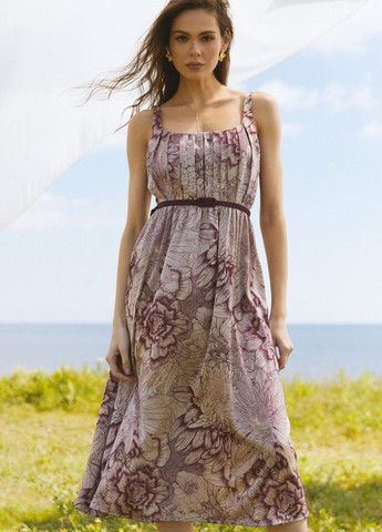 Бежева кежуал, коктейльна сукня кльош Gepur з квітковим принтом