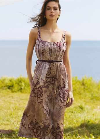 Бежева кежуал, коктейльна сукня кльош Gepur з квітковим принтом