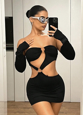 Черное вечернее, откровенный платье с открытой спиной, с открытыми плечами SHEIN однотонное