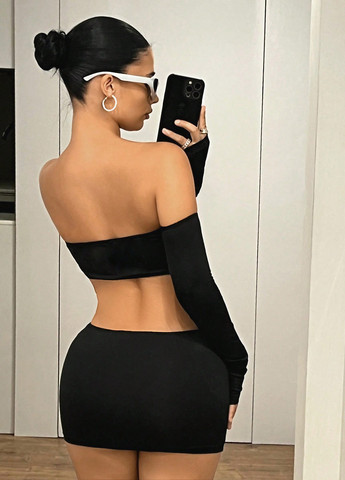 Черное вечернее, откровенный платье с открытой спиной, с открытыми плечами SHEIN однотонное