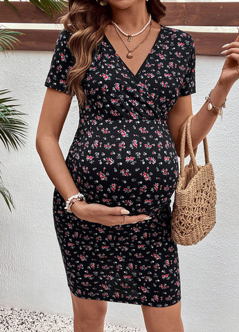 Чорна кежуал сукня для вагітних силуетна, на запах SHEIN з квітковим принтом