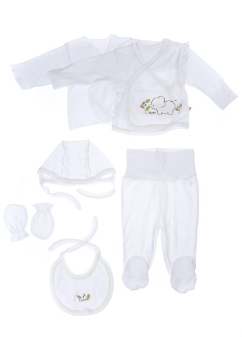 Білий демісезонний комплект (сорочечка (2 шт.), повзунки, шапка, слюнявчик, царапки) Bebetto