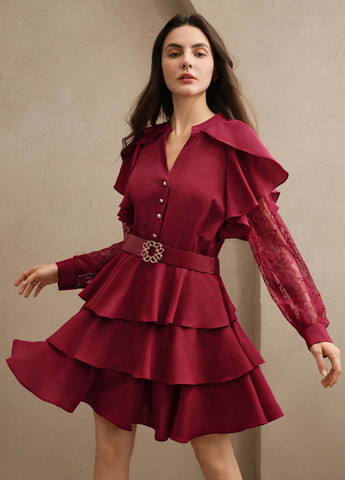 Бордовое коктейльное платье с юбкой-солнце, рубашка SHEIN однотонное