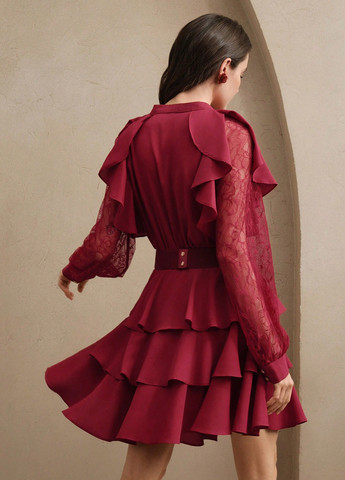 Бордовое коктейльное платье с юбкой-солнце, рубашка SHEIN однотонное