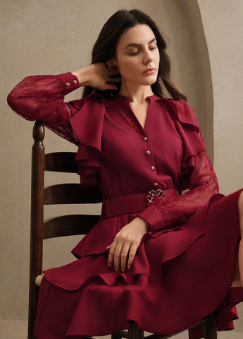 Бордовое коктейльное платье с юбкой-солнце, рубашка SHEIN однотонное