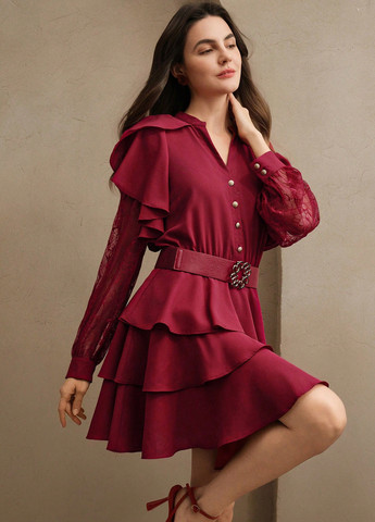 Бордовое коктейльное платье с юбкой-солнце, рубашка SHEIN однотонное
