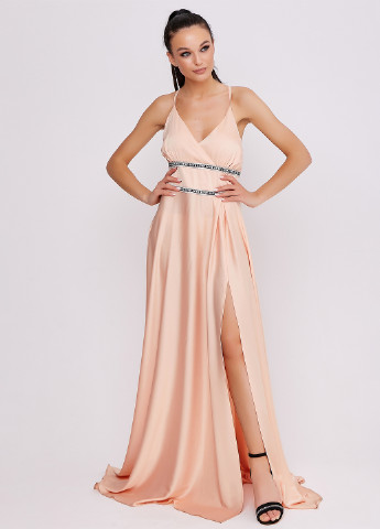 Персикова вечірня сукня з відкритою спиною, зі шлейфом ST-Seventeen однотонна