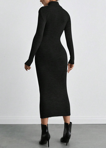Черное кэжуал платье платье-свитер, платье-водолазка SHEIN однотонное