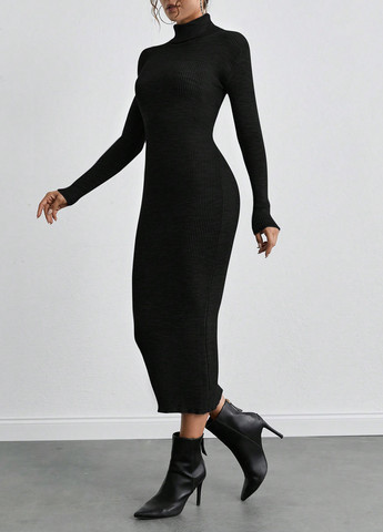 Черное кэжуал платье платье-свитер, платье-водолазка SHEIN однотонное