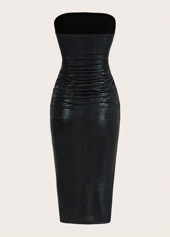 Чорна вечірня сукня силуетна, з відкритими плечима, з відкритою спиною SHEIN з тваринним принтом