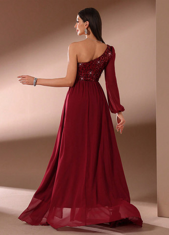 Бордовое вечернее платье с пышной юбкой, на одно плечо SHEIN однотонное