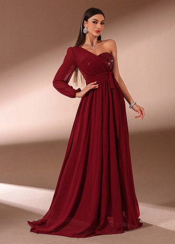 Бордовое вечернее платье с пышной юбкой, на одно плечо SHEIN однотонное