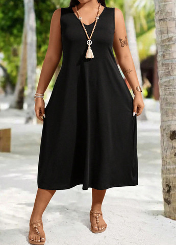 Чорна кежуал, пляжна сукня з відкритою спиною, а-силует SHEIN однотонна
