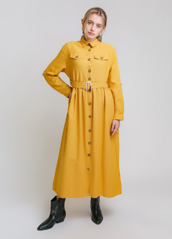Желтое кэжуал платье-рубашка длинное с поясом MIX RAY однотонное