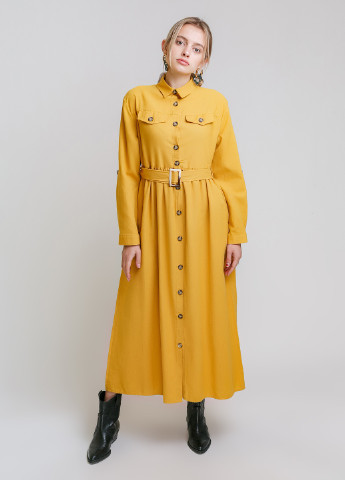Желтое кэжуал платье-рубашка длинное с поясом MIX RAY однотонное