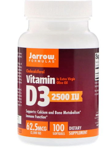 Вітамін D3 (Холекальциферол) 2500 МО,, 100 гелевих капсул Jarrow Formulas (228292990)