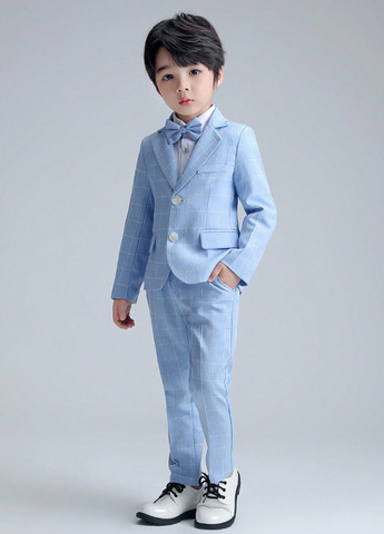 Блакитний демісезонний костюм (піджак, штани, краватка-метелик) трійка SHEIN