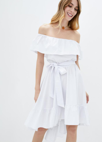 Білий пляжна літнє асимитричне жіноче плаття з воланами з відкритими плечима Podium однотонна