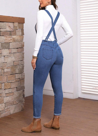 Комбинезон SHEIN комбинезон-брюки однотонный синий денил хлопок, джинс