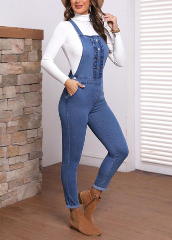 Комбинезон SHEIN комбинезон-брюки однотонный синий денил хлопок, джинс