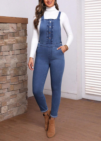 Комбинезон SHEIN комбинезон-брюки однотонный синий денил хлопок, джинс