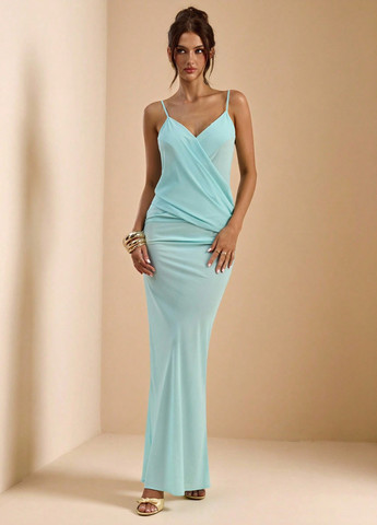 Світло-бірюзова святковий, вечірня сукня сукня-комбінація, з відкритими плечима, футляр, з відкритою спиною SHEIN однотонна