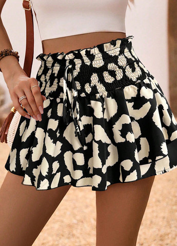 Черная кэжуал леопардовая юбка SHEIN а-силуэта (трапеция), клешированная