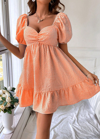 Оранжевое кэжуал платье а-силуэт SHEIN в клетку