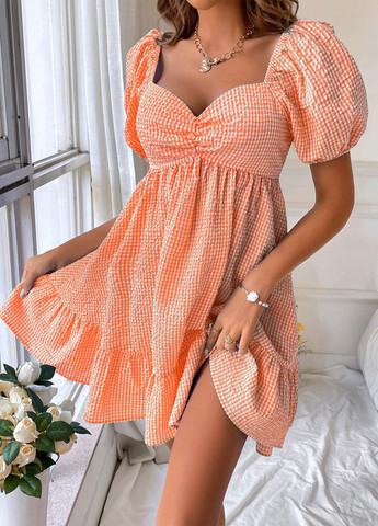 Оранжевое кэжуал платье а-силуэт SHEIN в клетку