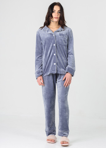 Сіра всесезон велюрова сіра піжама (сорочка + штани) рубашка + брюки SONTSVIT