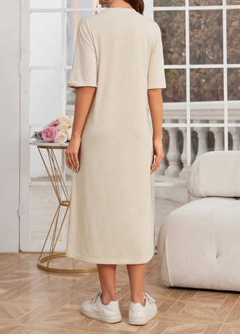 Бежевое кэжуал платье платье-футболка SHEIN однотонное