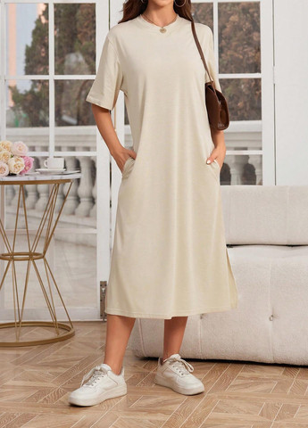 Бежевое кэжуал платье платье-футболка SHEIN однотонное