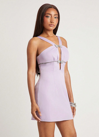Сиреневое кэжуал платье с открытыми плечами SHEIN однотонное