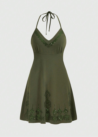 Оливкова (хакі) кежуал сукня з відкритою спиною SHEIN однотонна