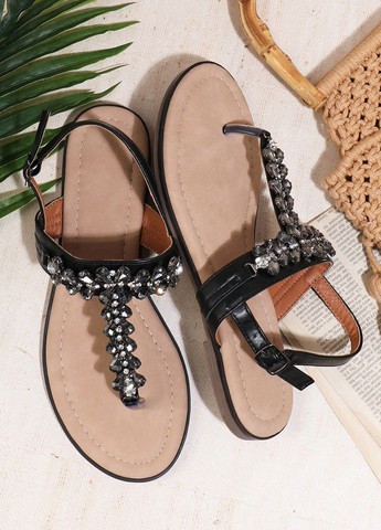 Черные кэжуал, пляжные босоножки SHEIN со стразами