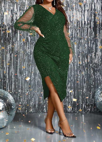 Темно-зеленое коктейльное, праздничный платье на запах SHEIN однотонное
