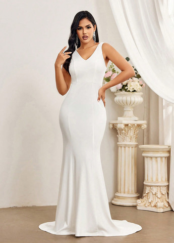 Белое вечернее платье годе, с открытой спиной SHEIN однотонное