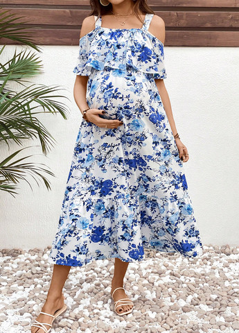 Білий кежуал сукня для вагітних/годуючих з відкритими плечима SHEIN з квітковим принтом