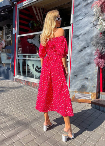 Червона кежуал сукня з відкритими плечима No Brand з абстрактним візерунком