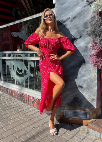 Червона кежуал сукня з відкритими плечима No Brand з абстрактним візерунком