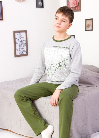 Оливковая (хаки) всесезон пижама для мальчика (подростковая) с начесом Носи своє 6076