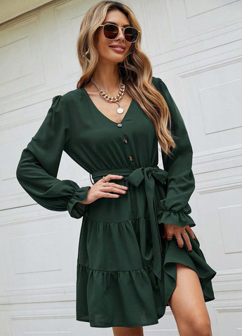 Изумрудное кэжуал платье клеш SHEIN однотонное