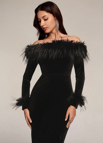 Черное вечернее платье годе, с открытыми плечами SHEIN однотонное