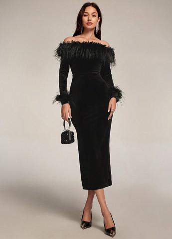 Черное вечернее платье годе, с открытыми плечами SHEIN однотонное