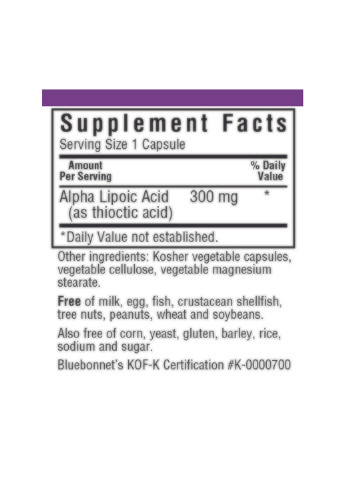 Альфа Липоевая Кислота 300 мг,, 30 растительных капсул Bluebonnet Nutrition (255408689)