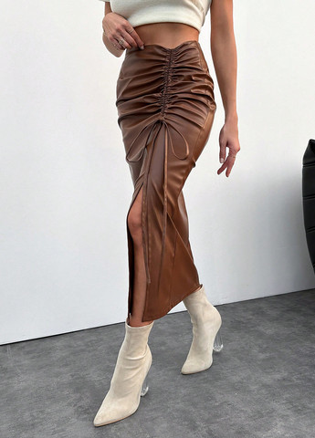 Коричневая кэжуал однотонная юбка SHEIN карандаш